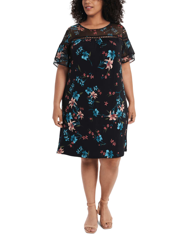 Front of a model wearing a size 1X Carlie Ruffle-Sleeve Dress in 060-RICH BLACK by CeCe. | dia_product_style_image_id:263521